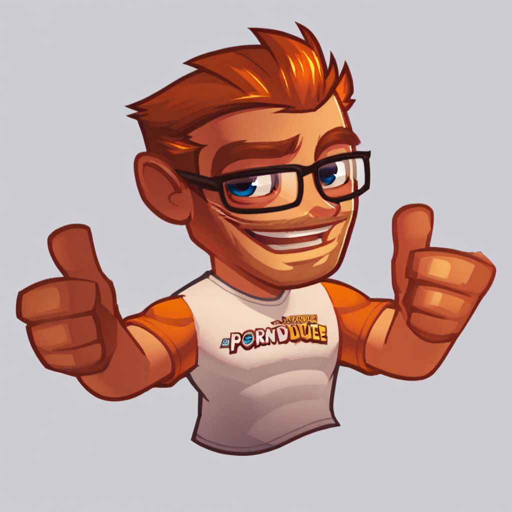 Score_7_up, score_8_up, score_9, upper body, solo male, porndude, ginger, glasses, text on clothing, thumbs up, simple background,