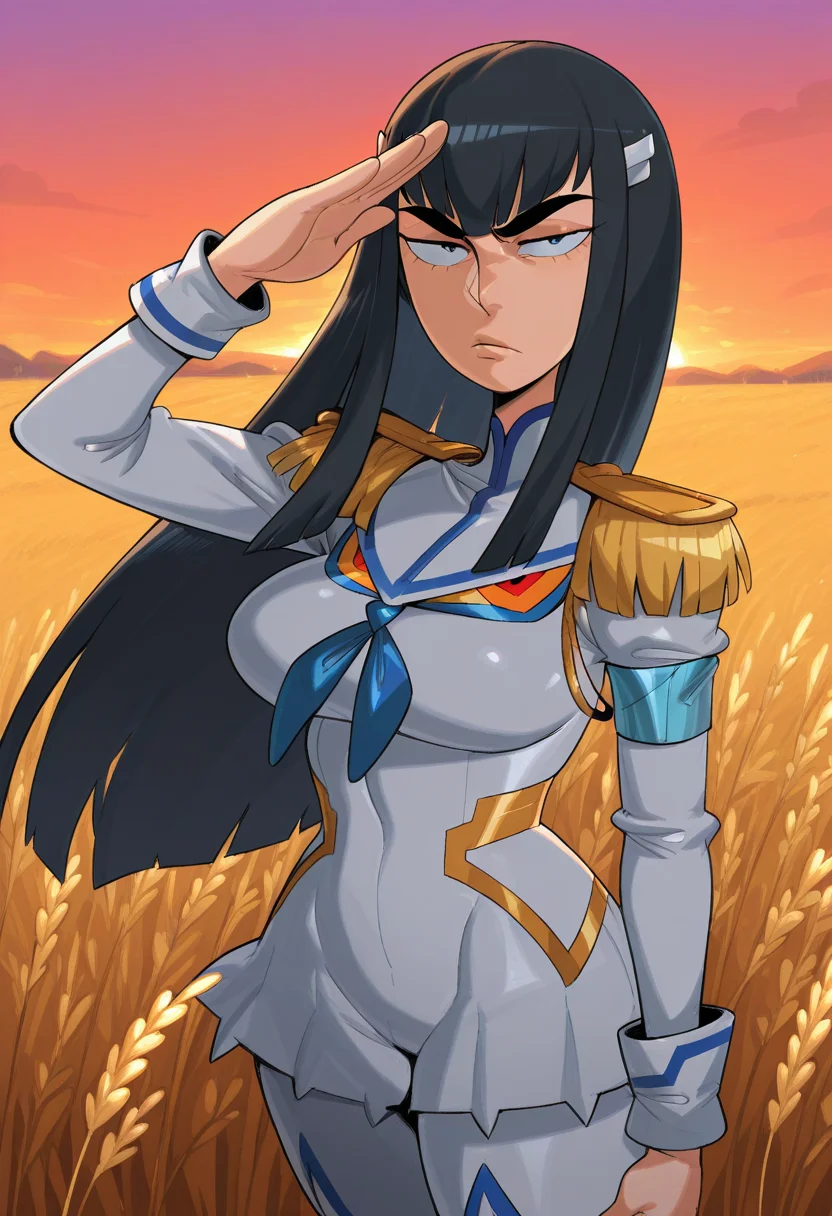 j0j0, masterpiece, best quality, solo, kiryuuin satsuki, large eyebrows, military uniform, salute, sunset, wheat field,