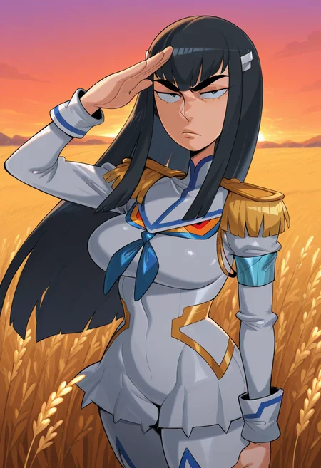 j0j0, masterpiece, best quality, solo, kiryuuin satsuki, large eyebrows, military uniform, salute, sunset, wheat field,
