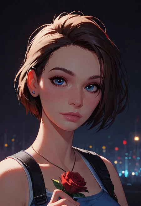 score_9,score_8_up,score_7_up,score_6_up,score_5_up, masterpiece, best_quality, ultra-detailed, masterpiece, 1girl, 21 years old, beautiful face, cute face, blue eyes, (city park background, night) solo focus, looking at viewer, evening background, (Jill Valentine), (holding rose)