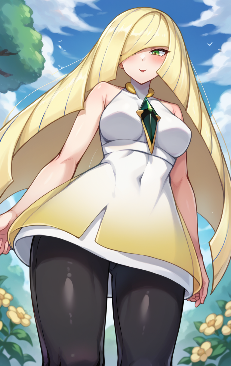 score_9,score_8_up,score_7_up BREAK <lora:lusamine:0.8>,lusamineSDXL,1girl,long hair,blonde hair,dress,bare shoulders,very long hair,green eyes,sleeveless,white dress,hair over one eye,sleeveless dress,short dress,gem,mature female,leggings,green gemstone,lusamine (pokemon),cowboy shot,garden, from below,