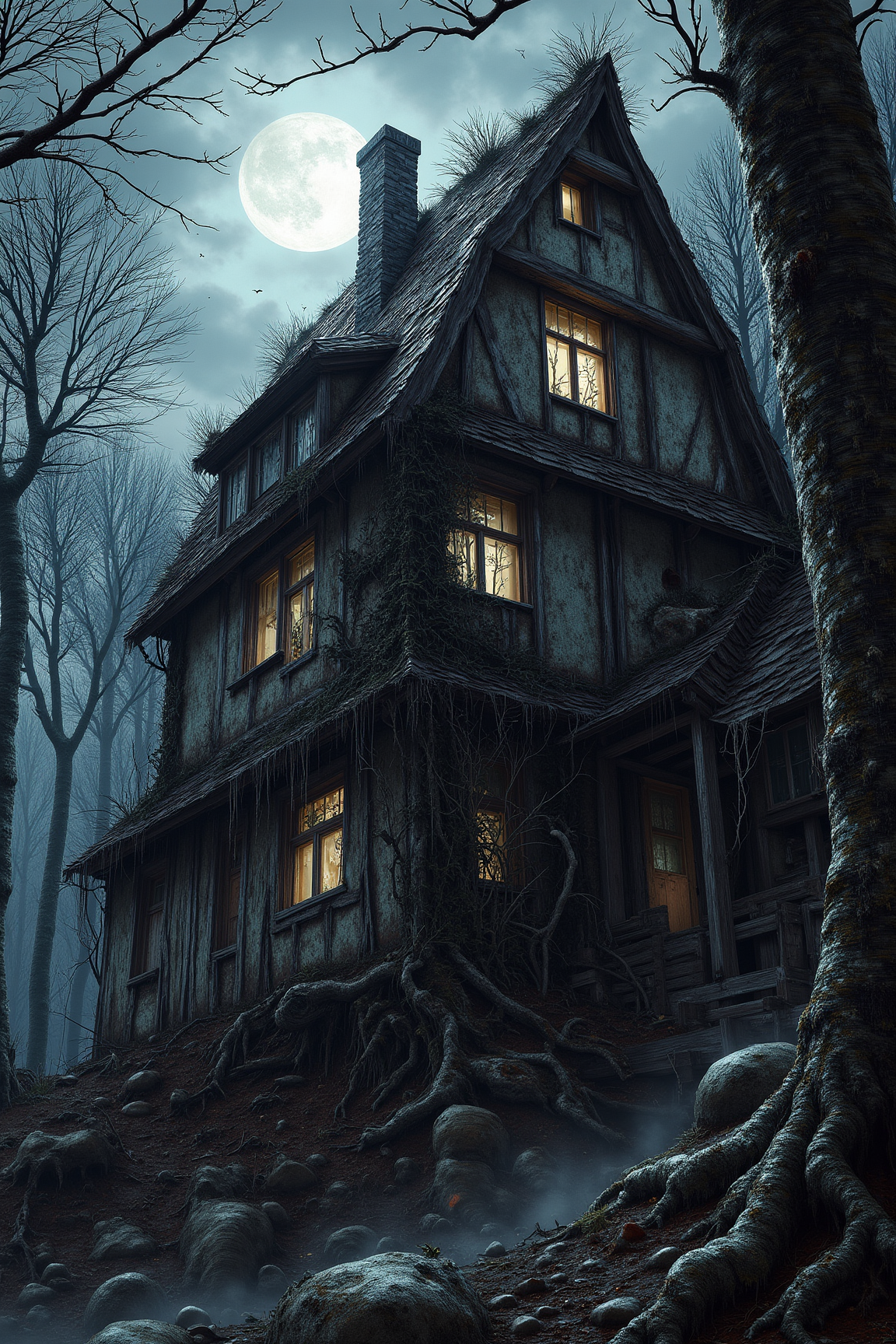 YFG-Durer, A silhouette of a spooky haunted house alone on the edge of the woods, ivy covered walls, house is in poor condition, shadows, moon lit night, stars, night time, fog, low lying fog, national geographic, masterpiece, 8k, photo realistic, hyper realism