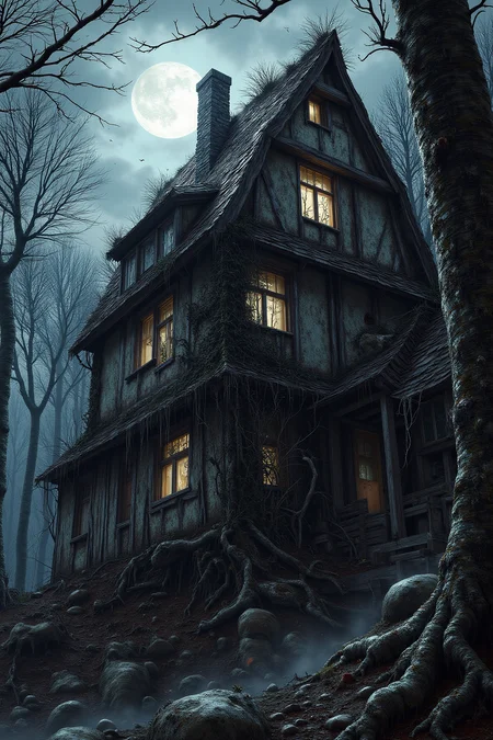 YFG-Durer, A silhouette of a spooky haunted house alone on the edge of the woods, ivy covered walls, house is in poor condition, shadows, moon lit night, stars, night time, fog, low lying fog, national geographic, masterpiece, 8k, photo realistic, hyper realism