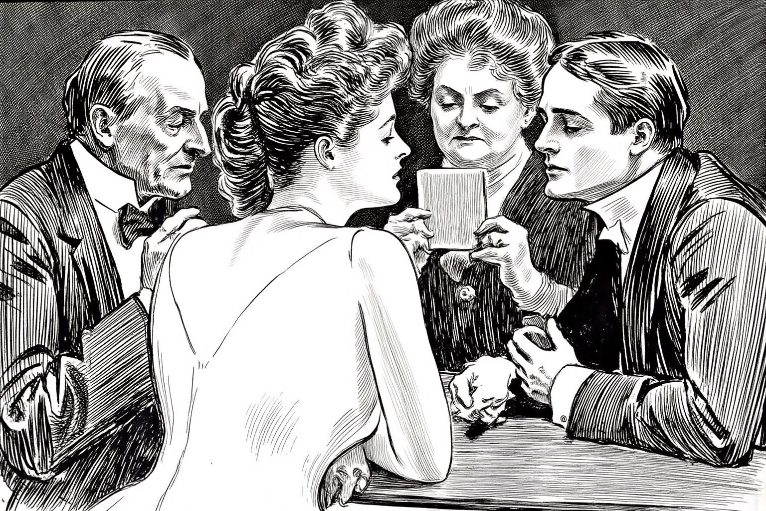 charlesdgibson1 illustration.
Four people are gathered around a table playing cards. The central figure is a young woman with wavy, updo hair, wearing a strapless dress, her back to the viewer, engaged in a card game with her eyes half-closed. On the right is a young man staring at the young woman. Behind them sits an elderly man on the left and an elderly woman looking at the card she is holding. <lora:charlesdgibson1_cap_d8a4:1.0><lora:839943501408911715:0>
