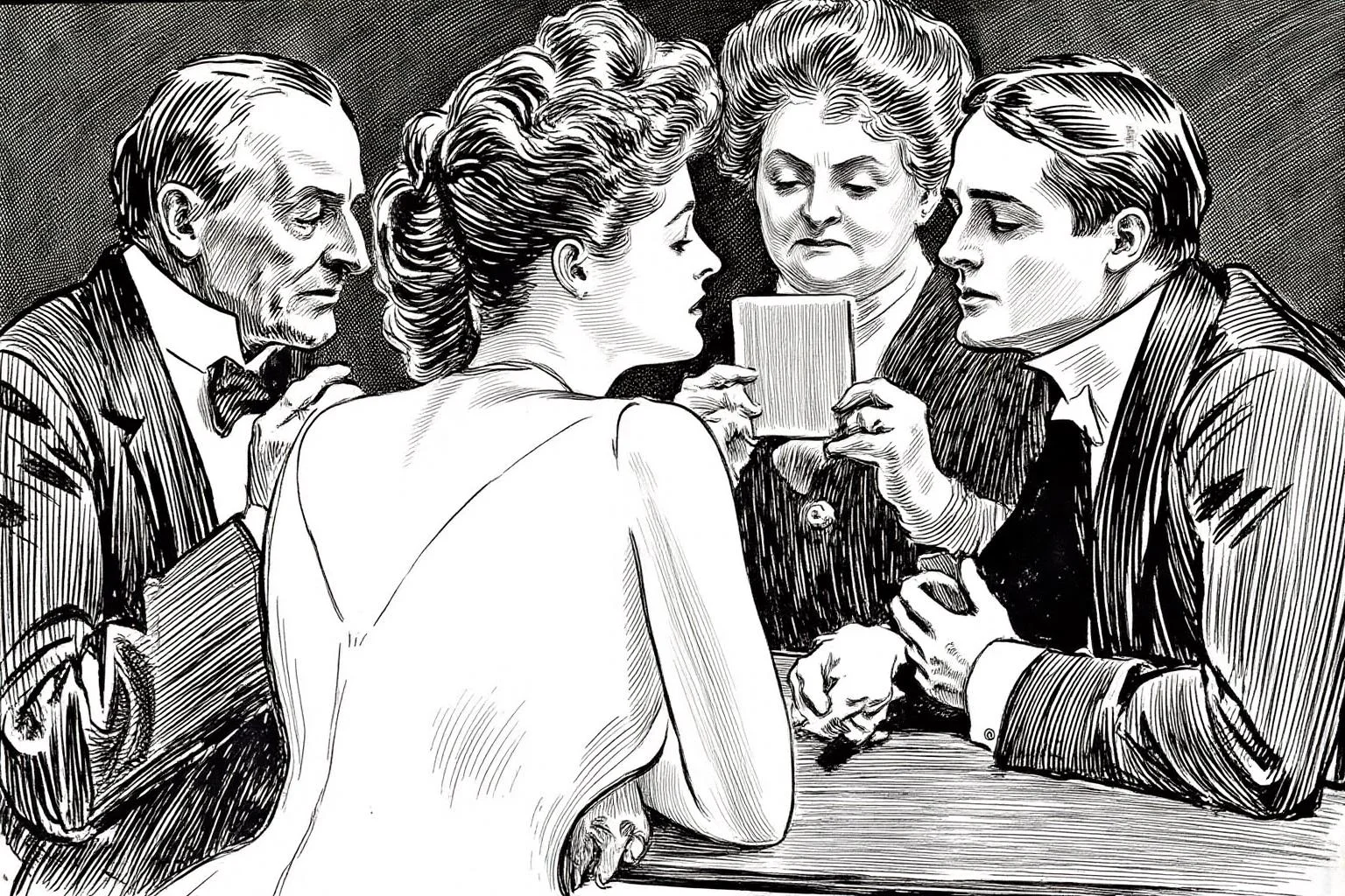 charlesdgibson1 illustration.
Four people are gathered around a table playing cards. The central figure is a young woman with wavy, updo hair, wearing a strapless dress, her back to the viewer, engaged in a card game with her eyes half-closed. On the right is a young man staring at the young woman. Behind them sits an elderly man on the left and an elderly woman looking at the card she is holding. <lora:charlesdgibson1_cap_d8a4:1.0><lora:839943501408911715:0>