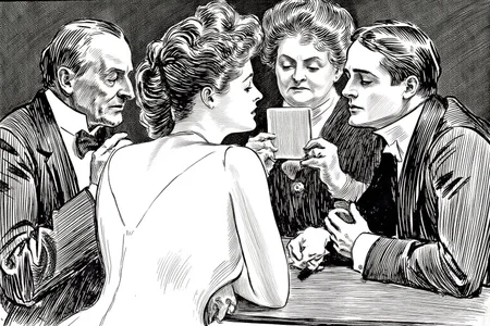 charlesdgibson1 illustration.
Four people are gathered around a table playing cards. The central figure is a young woman with wavy, updo hair, wearing a strapless dress, her back to the viewer, engaged in a card game with her eyes half-closed. On the right is a young man staring at the young woman. Behind them sits an elderly man on the left and an elderly woman looking at the card she is holding. <lora:charlesdgibson1_cap_d8a4:1.0><lora:839943501408911715:0>