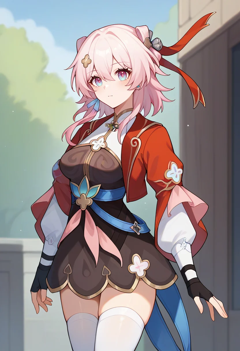 score_9, score_8_up, score_7_up, score_6_up, score_5_up, score_4_up,
1girl, march 7th \(honkai: star rail\), hair ornament, single earring, fingerless gloves, cropped jacket, red jacket, dress, white thighhighs, hair ribbon, white shirt, breasts, hair bell,
solo, outdoors, cowboy shot, looking at viewer,
<lora:marchhuntponyxl:1>