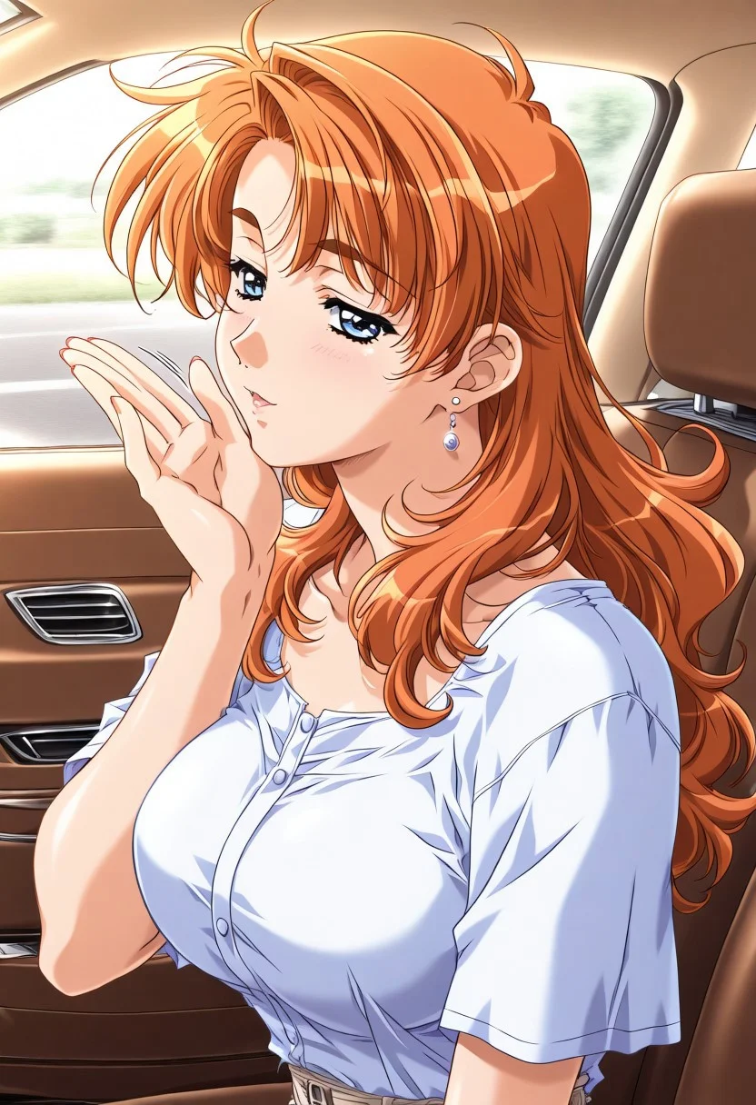 masterpiece, best quality, newest, highres, uncensored, 1girl, yokota mamoru style,motion lines,1girl,Kanou Makoto Again Version,blue eyes, orange hair, 1990s (style), large breasts,long hair,Earrings, car model,model,luxury car,blow a kiss,seductive face