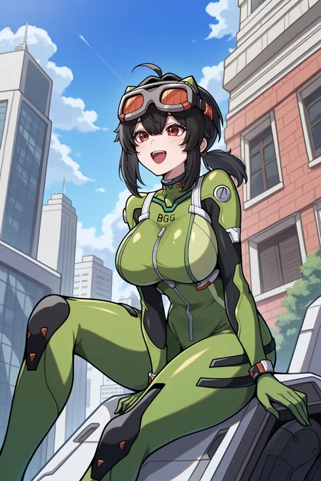 masterpiece, best quality, 1girl, solo, <lora:gracehoward-illu-nvwls-v1-000005:1> zzzGrace, black hair, ahoge, short ponytail, low ponytail, goggles on head, big breasts, green plugsuit, sitting on giant robot's shoulders, blue sky, city, happy, jumpsuit, open mouth