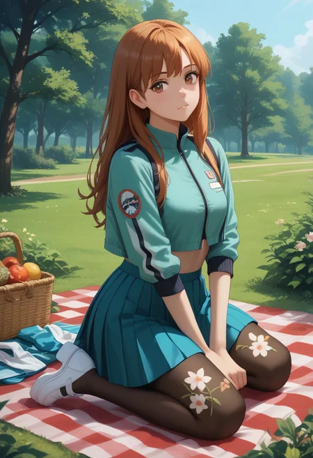 score_9, score_8_up, score_7_up, score_6_up, realistic, high resolution, highly detailed, orange brown long hair, brown eyes, teal outfit with bronze details, white pleated skirt, black cropped jacket, kneeling on a picnic blanket in a lush meadow, tying a ribbon in her hair, floral-patterned tights, light gray platform shoes