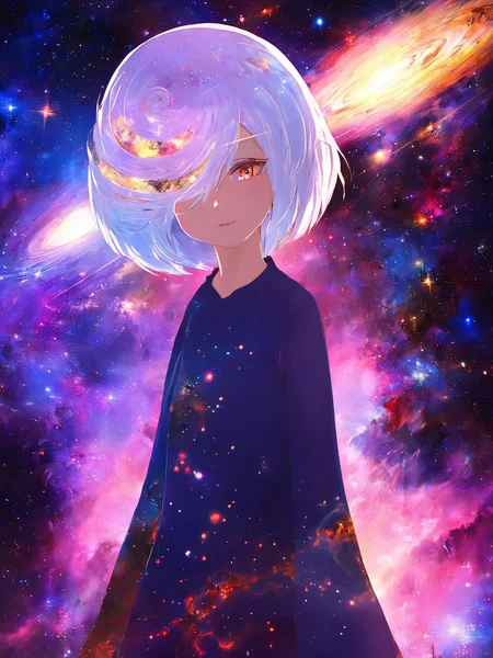 1girl, sageai, (portrait:1.3), standing, long sleeves, white hair, galaxy, universe, <lora:SageAI-XL:1>