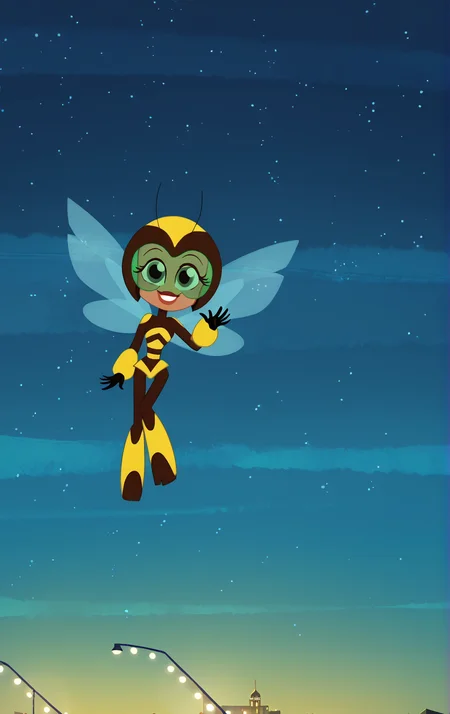 ((score_9)), score_8_up, ((high quality)), ((masterpiece)) BREAK
DCSG Style, Karen B, Bumblebee, wings, waving, flying, bodysuit, antennae, looking at viewer, smiling, good anatomy, five fingered hands, night sky<lora:DC_Superhero_Girls_2019:0.8>,<lora:pony_good_hands:0.8>