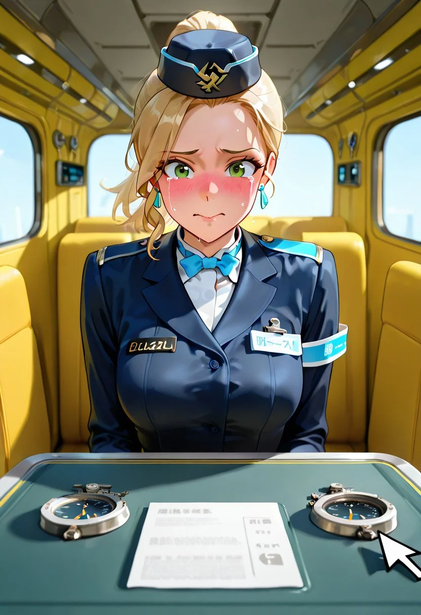 blonde hair, green eyes, medium breasts, flight attendant crying, Stewardess Uniform, Beauty, Inside the plane, Adorable expression, panel with led, gauges, cursor and levers. she is watching a gauge with the needle at 0, the text label "Buzz level" under it. The monitor contains the write "Buzz level critically low!" that is clearly visible. plane fuel gauge showing buzz low, Sexy, Earrings, ponytail, Stewardess hat, Blushing, Yellow wall, big gauge in the middle, gauge showing low, gauge is labelled "BUZZ", text above "We all live in the", text below "YELLOW BUZZ MACHINE"