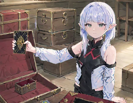masterpiece,solo,anime-style,a   Lucy1024  holding a  vga card in her one hand,<lora:frieren_meme-000014:0.85>,room,  treasure chest      <lora:Lucy1024:0.8>