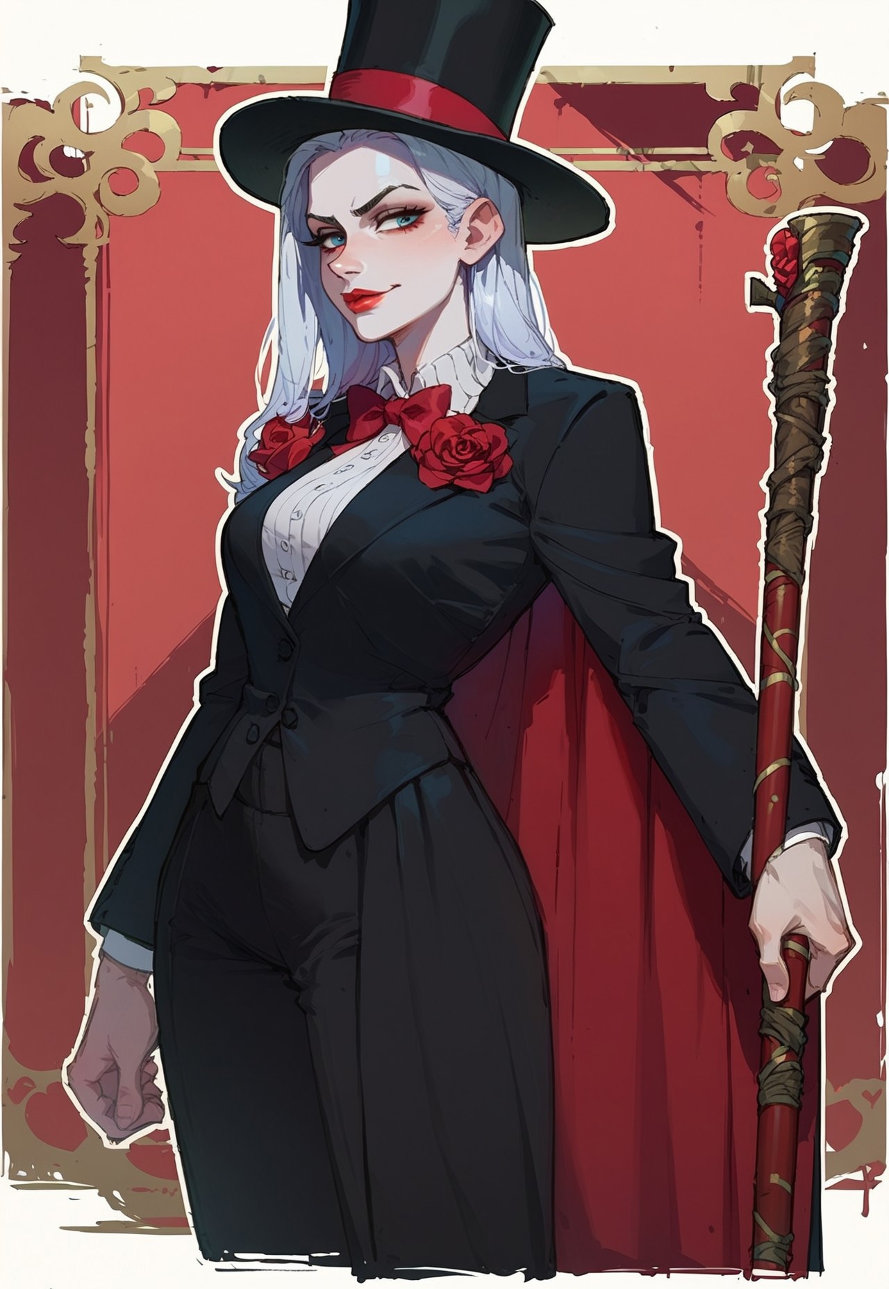 score_9, score_8_up,  score_8_up, 1woman, villain, smirk, pale skin, white skin, red lips, tall body, top-hat, black blazer,  cane, simple shadows, flat coloring, flat shadows, thick lines, white outline,