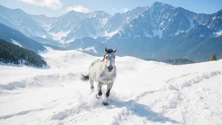 A white horses running through snowy mountains in winter,mid-range shot,realistic photography style. Sunlight shines on the snow-covered ground,with snowflakes kicked up by its hooves. The background features rolling snow-covered mountains and sparse pine trees,with crisp details and a cool color palette to emphasize the cold atmosphere.,<lora:kmountains-01:0.8>,kmountains,