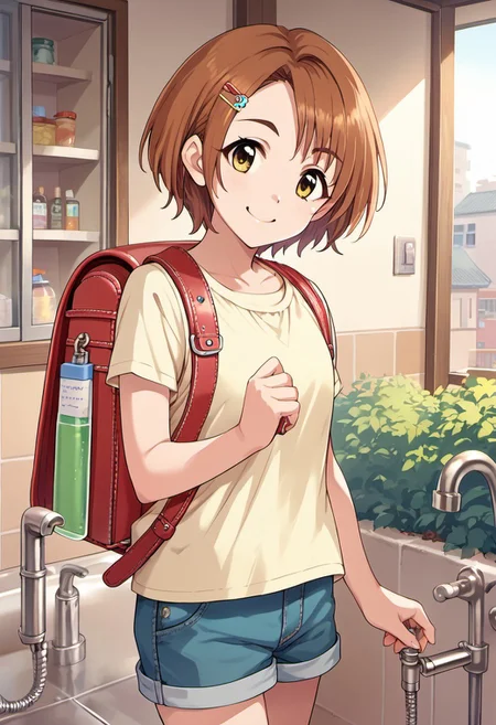 score_9, score_8_up, score_7_up, source_anime, ryuuzaki kaoru, short hair, yellow eyes, brown hair, 1girl, backpack, randoseru, solo, bag, hairclip, shorts, hair ornament, smile, faucet
