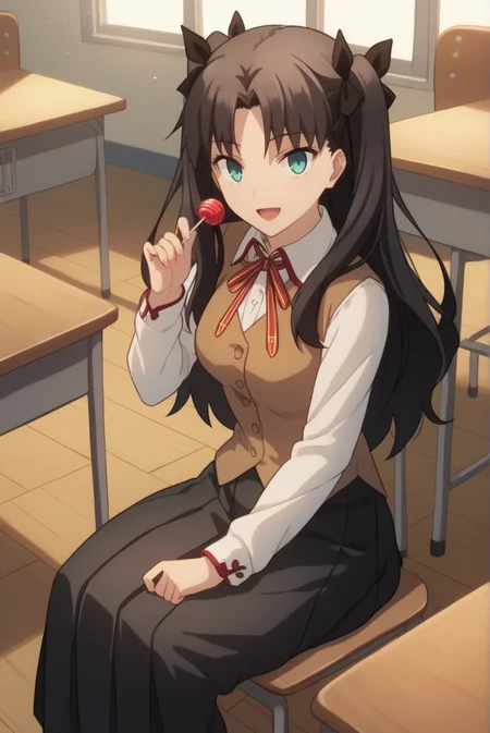 score_9, score_8_up, score_7_up, score_6_up, score_5_up, score_4_up, BREAK source_anime, 1girl,
<lora:TohsakaRinXL-v1-04:0.7>, ChopioTohsakaRin, black hair, long hair, two side up, parted bangs, hair ribbon, aqua eyes, looking at viewer,
(thick thighs:0.7), medium breasts,
outfit_1, white shirt, collared shirt, neck ribbon, brown vest, black skirt, pleated skirt, long skirt, black pantyhose,
classroom, wooden floor, smile, happy, open mouth, sitting, chair, desk, holding lollipop,