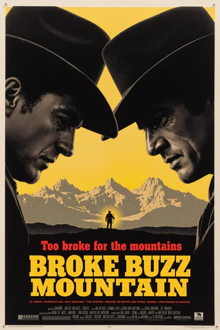Vintage Movie poster for ""Broke Buzz MOUNTAIN" featuring a close-up of the profiles of two sad-looking cowboys, looking downward in a somber, defeated expression. Their cowboy hats are slightly tilted, casting shadows over their eyes, highlighting a sense of struggle. The background is a faded, desolate mountain range, hinting at their past in the Wild West. The tagline beneath them reads, "Too broke for the mountains" in bold, distressed lettering, adding a humorous twist to the melancholic mood. The overall design mimics classic movie posters, blending dramatic visuals with a playful, tongue-in-cheek message. <lora:Movie_Posters:0.8> <lora:schnell_v1.0:1.0><lora:792378070045566530:0>
