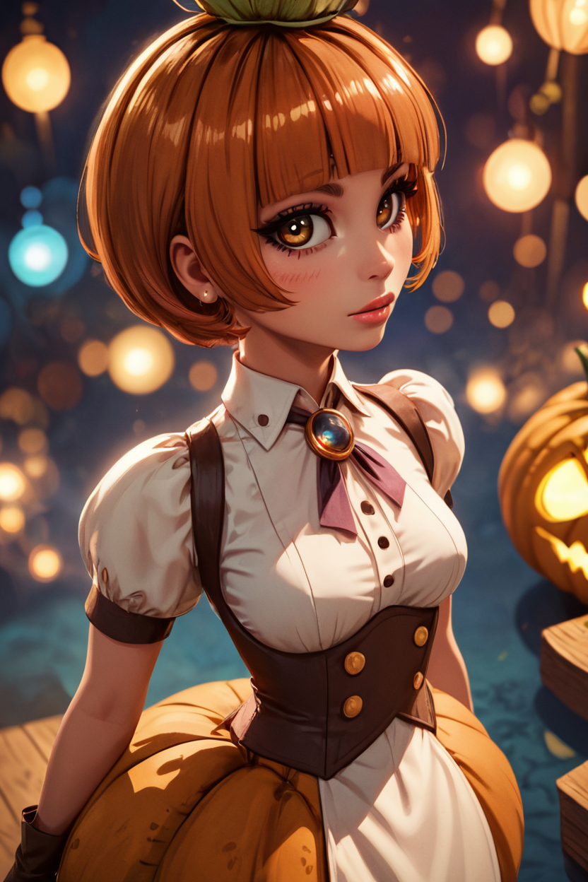 score_9, score_8_up, score_8, medium breasts, (curvy), cute, eyelashes,       BREAK, , ,,, zzPmpknGrl, brown eyes, short hair, brown hair, blunt bangs,  gloves, thighhighs, short sleeves, pumpkin, shirt, standing, white shirt, <lora:PumpkinGirl_Masashi_PDXL:0.8>,   ,,, , BREAK,  (ultra realistic,32k, masterpiece:1.2),(high detailed skin:1.1),( high quality:1.1), head tilt, lips, closed mouth, shiny clothes, (upper body), looking at viewer, bokeh, luminescent background, ,,, embedding:zPDXL, Expressiveh, ,,, <lora:RlAnmPDXL:1.0>,