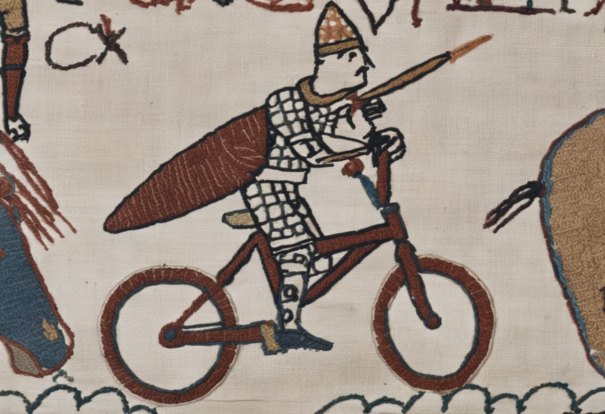 bayeux, knight in chain mail and helmet on a bicycle, holding spear over head <lora:bayeux:1>