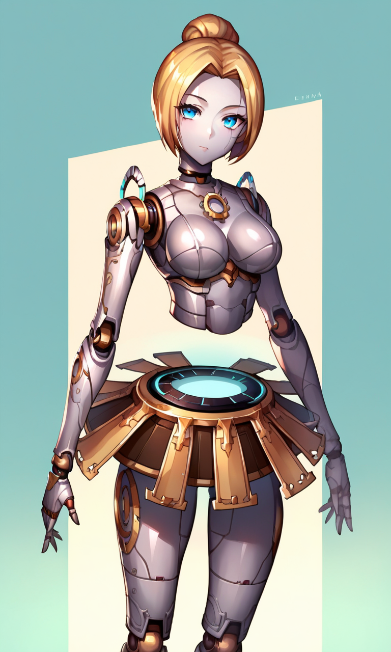 anime studio, anime artwork, anime artstyle, vibrant, score_9, score_8_up, score_7_up, source_anime, 1girl,  <lora:glavakolhoza_orianna:0.7>, glavakolhoza_orianna, mechanical, robot, clockwork on back, metallic round skirt with spikes, robot joints, blue eyes, chrome shine, curvy, standing, relaxed, pose, looking at viewer, simple background