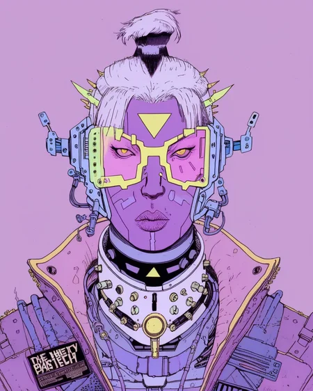 a drawing of a man in a purple outfit, josan gonzales, ( cyberpunk ), futurepunk <lora:deathburgerxl:1>