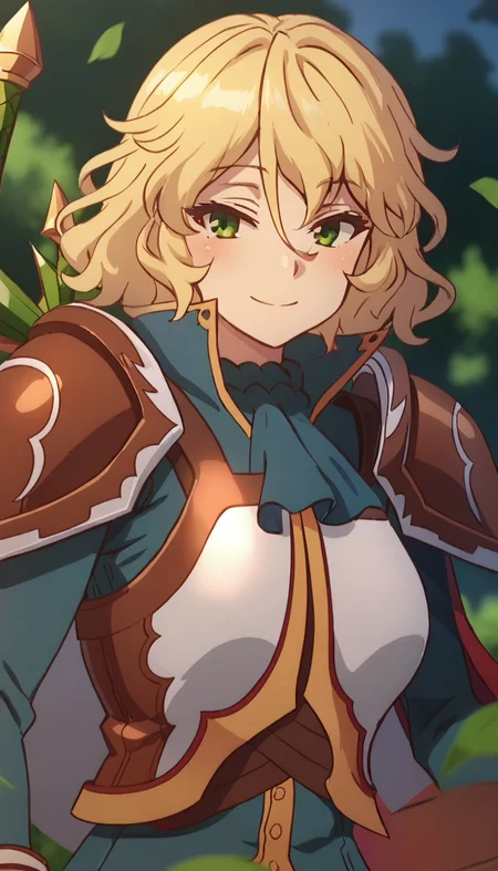 score_9,score_8_up,score_7_up,score_6_up BREAK official art,solo,outdoors,upper body,(portrait:1.5),looking at viewer,facing viewer,smile,blush,Blade,short hair,blonde hair,wavy hair,sidelocks,hair between eyes,bangs,green eyes,red cape,shoulder armor,pauldrons,blue coat,blue coattails,long sleeves,medium breasts,white pants,boots,red footwear,<lora:Blade(rh)-Pony:1.6>,