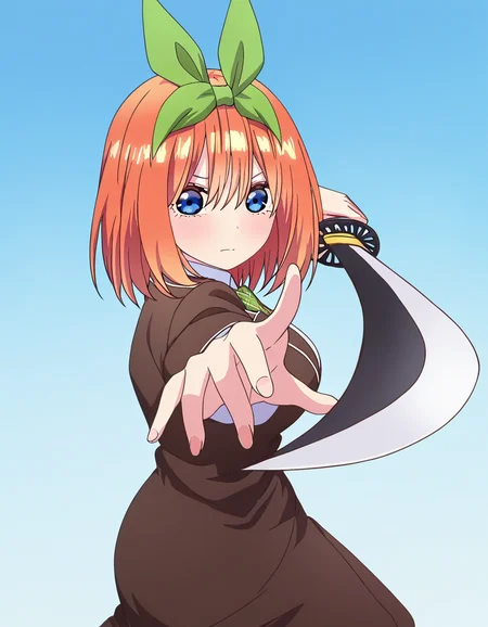 masterpiece, best quality, newest, absurdres, highres, safe,, <lora:yotsuba-nakano-s2-ponyxl-lora-nochekaiser:1>, yotsuba nakano, bangs, short hair, blue eyes, hair between eyes, hair ribbon, hairband, orange hair, green ribbon, large breasts, anime screencap, <lora:gatotsu-stance-illustriousxl-lora-nochekaiser:1>, gatotsu stance, weapon, sword, katana, holding weapon, holding, holding sword, foreshortening, japanese clothes, kimono, looking at viewer,, ,