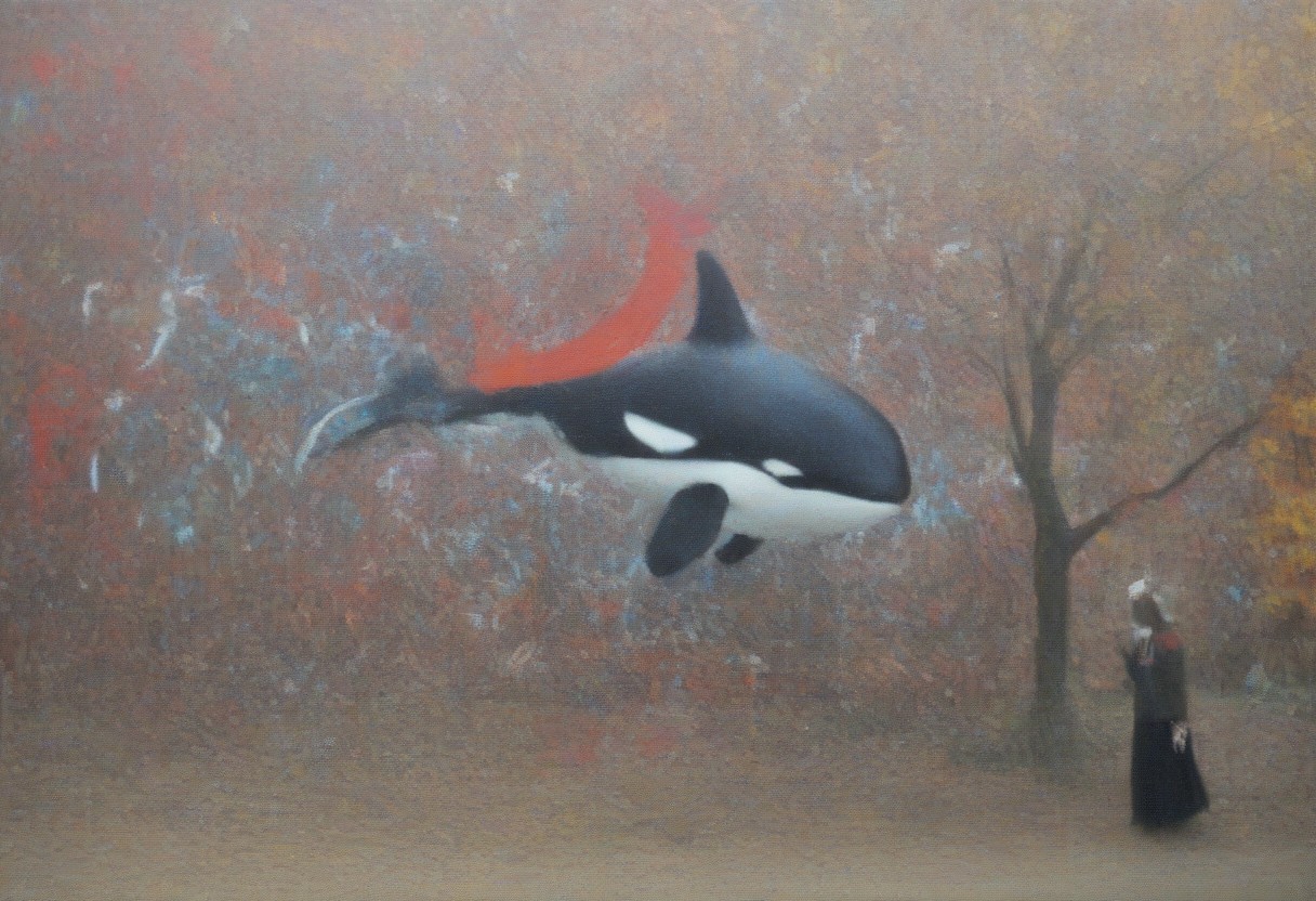 impressionist painting, orca, cardinal, tree, graffiti, woman, colors, eyeball, ecu