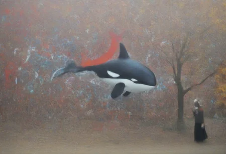 impressionist painting, orca, cardinal, tree, graffiti, woman, colors, eyeball, ecu