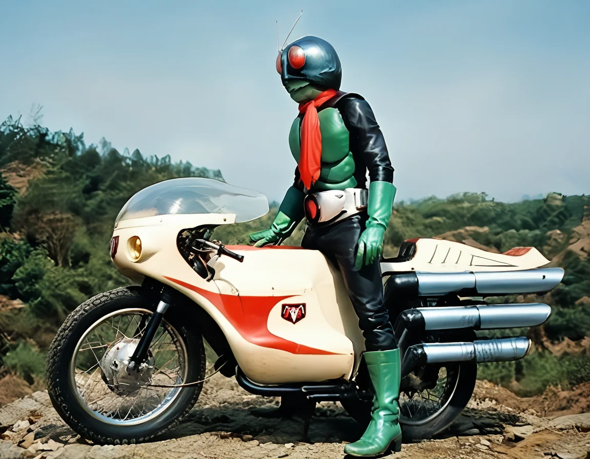 score_9, score_8_up, score_7_up, source_real, realistic, photorealistic, BREAK, <lora:BDpony_Cyclone1_KamenRider1_V1-22590:1> <lora:detailed_notrigger:1> <lora:zy_Detailed_Backgrounds_v1:1>
Cyclone1_KamenRider1, motor vehicle, 1boy, motorcycle, male focus, scarf, red scarf, antennae, solo, boots, green footwear, gloves, helmet, standing, red eyes, tokusatsu, green gloves, tire, Mountain, Forest