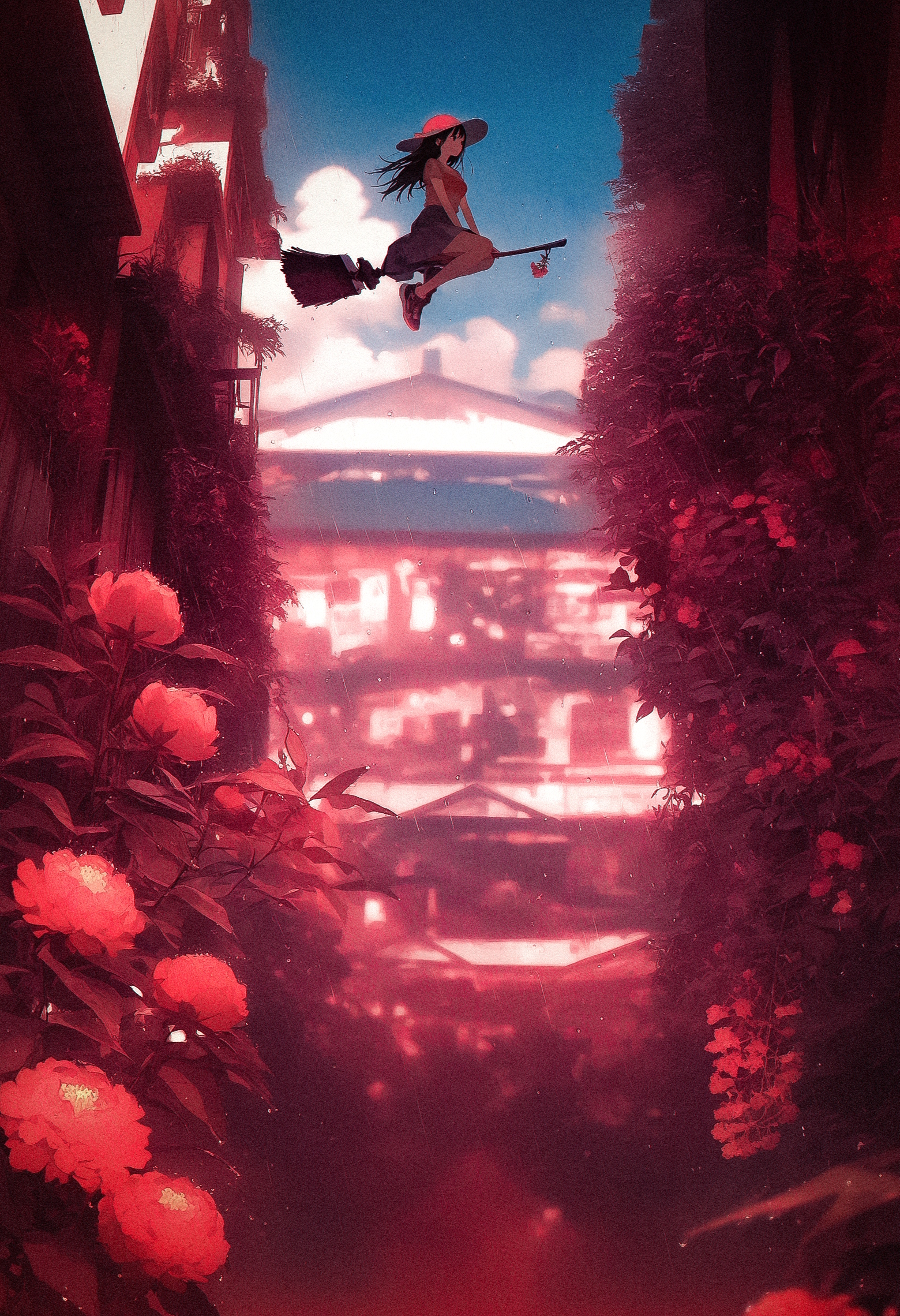 1girl, black hair, blue sky, breasts, building, flower, flying, full body, hat, long hair, medium breasts, plant, rain, scenery, shoes, skirt, sky, sneakers, broom riding,
outdoors, scenery, red theme, (depth of field:1.2), (vanishing point:1.3), blurry background,
masterpiece, best quality, amazing quality, very aesthetic,
<lora:nhl-004:0.75>  nhl-004,