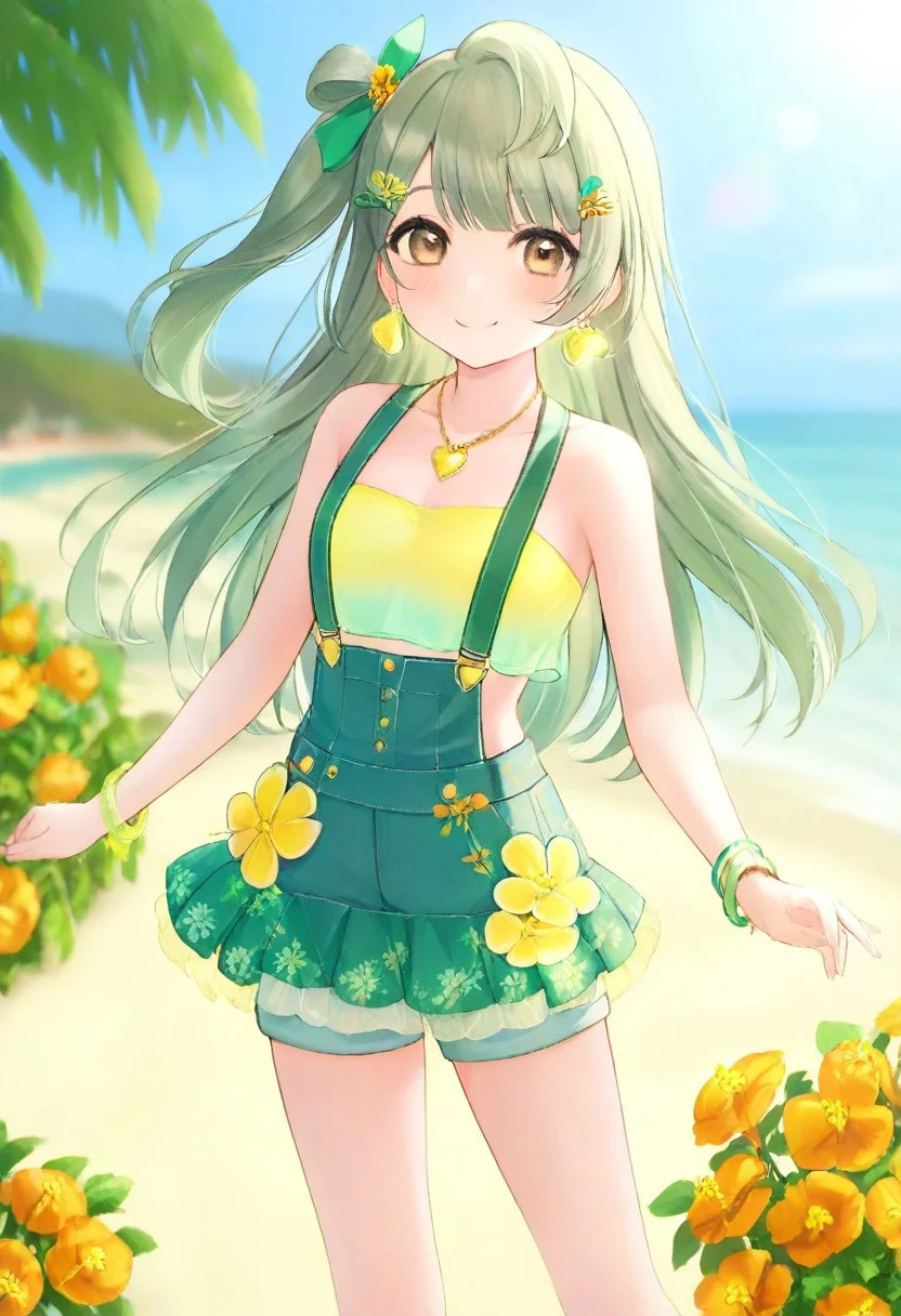 volumetric lighting, ambient occlusion, luminescent background, masterpiece, very awa, , blurry background,  outdoors, beach, blue sky, sunlight, summer,pastel colors, warm colored
BREAK
dynamic pose,  looking at viewer, blurry background, absurdres, masterpeice, best quality, very aesthetic, smile, , looking at viewer, wide shot, cute, cute pose, a cute girl at the beach, tropical flowers
BREAK
lovelive_kotori, grayish brown hair, green hair bow, bangs, one side up, long hair, brown eyes,earrings, heart-shaped earrings, necklace, yellow heart necklace, crop top, green crop top with yellow heart, halter neck top, suspenders, mint green suspenders, bracelet, green wristband, shorts, mint green skirt, mint overalls, skirt overall, floral hair accessory, orange flower hairpin, green ribbon hair tie, tiny skirt, swimsuit
