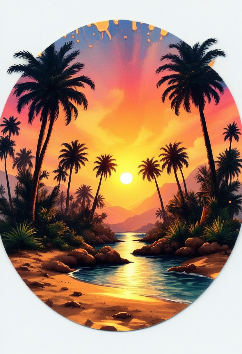 a outlined sticker, ink splats, palm trees at sunset and a circular sense of discovery, on white  background