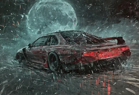 Midnight club, cyberpunk need for speed, high quality, high resolution lifelike v action scene, action movie, ground vehicle, car, drone car, cyberpunk car, widebody, illustration, traditional media, drawing, abstract, cyberpunk, Saturn_moon_matrix, an1matr1xbeyond, anime