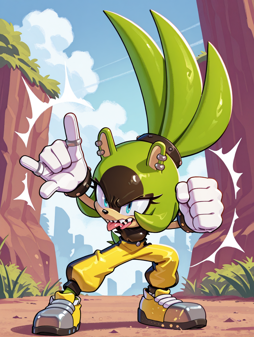 <lora:Surge_the_Tenrec_NS:1> surge the tenrec, fighting stance, tongue out, sharp teeth, outdoors, \m/,, masterpiece, best quality, amazing quality, very aesthetic, absurdres, new, newest,, <lora:Sonic_Channel_illu_2.5b:0.8> sonic channel \(style\), BREAK <lora:EvanStan-Illustrious:0.8> evnstnly