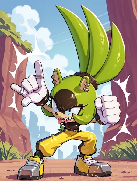 <lora:Surge_the_Tenrec_NS:1> surge the tenrec, fighting stance, tongue out, sharp teeth, outdoors, \m/,, masterpiece, best quality, amazing quality, very aesthetic, absurdres, new, newest,, <lora:Sonic_Channel_illu_2.5b:0.8> sonic channel \(style\), BREAK <lora:EvanStan-Illustrious:0.8> evnstnly
