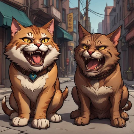 outline, lmnoutln, smiling cat looking at angry dog, street, masterpiece, best quality, outline style, fine lines, thin lines, detailed, no humans