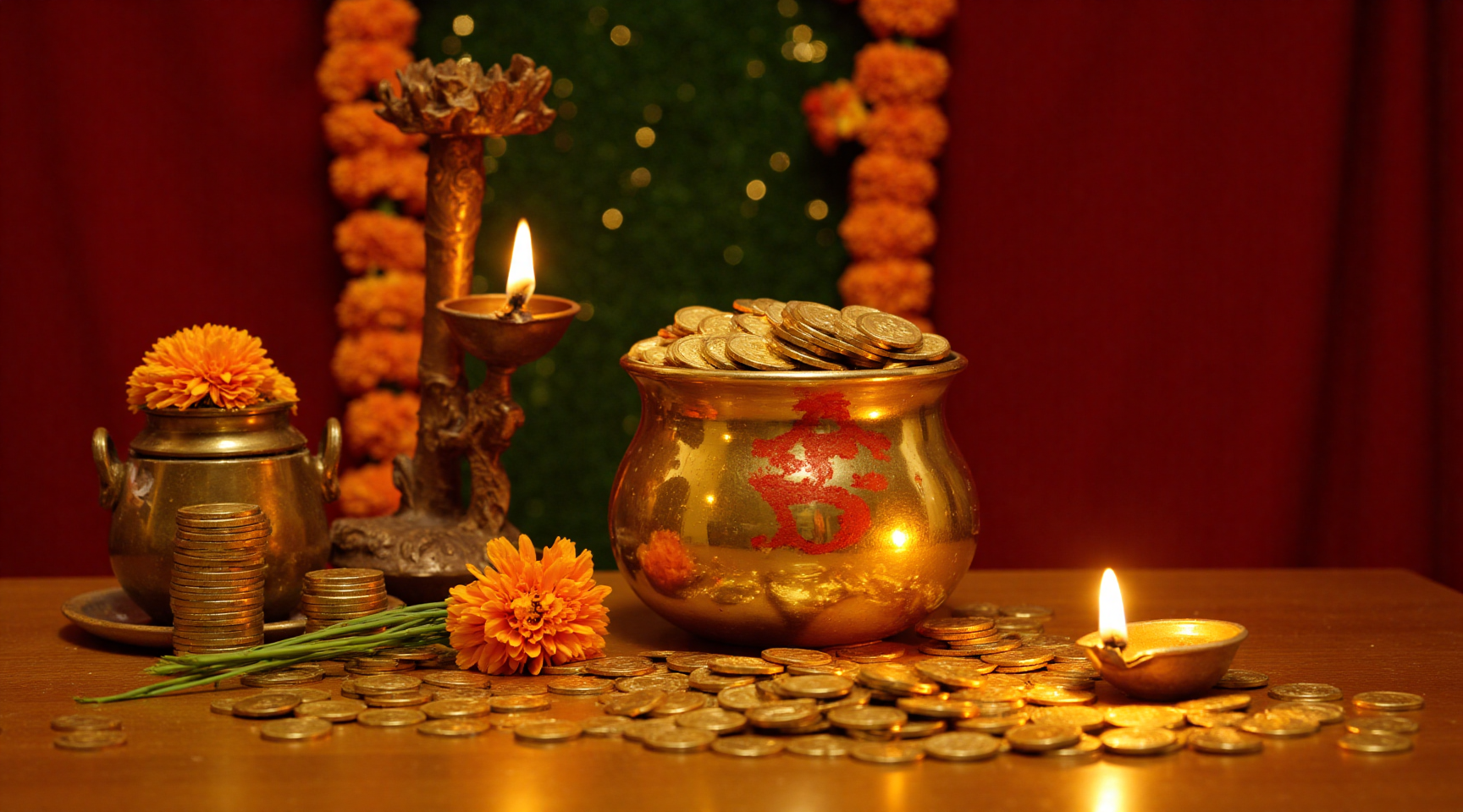Gods room decorated with Garland, A shiny gold pot filled with gold coins sits next to a bunch of marigold flowers. On pot there is a 'swastik' symbol painted with red powder colour. A small burning lamp on the right adds a warm glow. Gold coins and piles of coins are placed neatly around on table, creating a vibe of wealth and prosperity. The background is red-green dark colour with a twinkling, bokeh light effect, natural lighting. 
