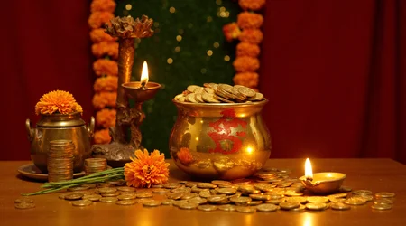 Gods room decorated with Garland, A shiny gold pot filled with gold coins sits next to a bunch of marigold flowers. On pot there is a 'swastik' symbol painted with red powder colour. A small burning lamp on the right adds a warm glow. Gold coins and piles of coins are placed neatly around on table, creating a vibe of wealth and prosperity. The background is red-green dark colour with a twinkling, bokeh light effect, natural lighting. 