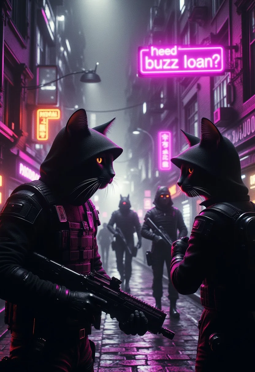 a realistic image, a squad of 4 cats wearing black hodiee,with tactical armor,and Assault rifle, trying to rob a building loan shark house that full of money, on top of that building a neon sign saying "need buzz loan??"