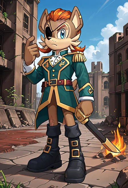 masterpiece, best quality, amazing quality, high detail, absurdres, Patch D'Coolette, male solo, fire on ground, ruins, outdoors, building, weapon, sheathed, tail, looking at viewer, green jacket, black boots, gloves, eyepatch, scar, blond hair, blue eyes, ruble, gray sky