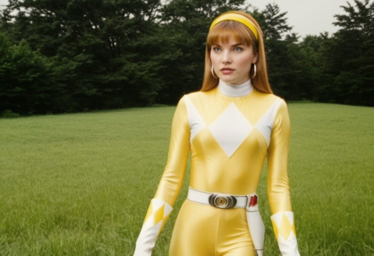 female yellow power ranger Ellie, 1girl, alone, 18-year-old caucasian woman, yellow headband, yellow hairband, centre-parting voluminous straight shoulder-length with bangs haircut, fair-skinned, fringe, auburn hair, blue eyes, helmetless, wearing yellow power ranger costume, yellow spandex catsuit, white collar, white gloves, large chunky steel hoop earrings, talking, concerned facial expression, standing square-on, both arms down by sides, torso photo, in action in grassy meadow, hyperdetailed photography