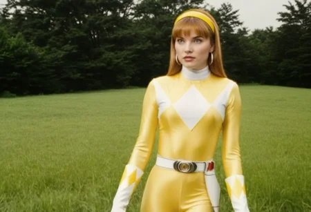 female yellow power ranger Ellie, 1girl, alone, 18-year-old caucasian woman, yellow headband, yellow hairband, centre-parting voluminous straight shoulder-length with bangs haircut, fair-skinned, fringe, auburn hair, blue eyes, helmetless, wearing yellow power ranger costume, yellow spandex catsuit, white collar, white gloves, large chunky steel hoop earrings, talking, concerned facial expression, standing square-on, both arms down by sides, torso photo, in action in grassy meadow, hyperdetailed photography