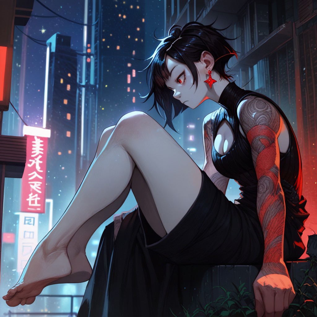 score_9, score_8_up, score_7_up, score_6_up, score_5_up, score_4_up, zPDXL2, 1girl, solo, pale skin, red eyes, black hair, short hair, bangs, cleavage, earrings, legs, feet, mid drift, city, night, stars, sitting, sleeveless, arm tattoos,