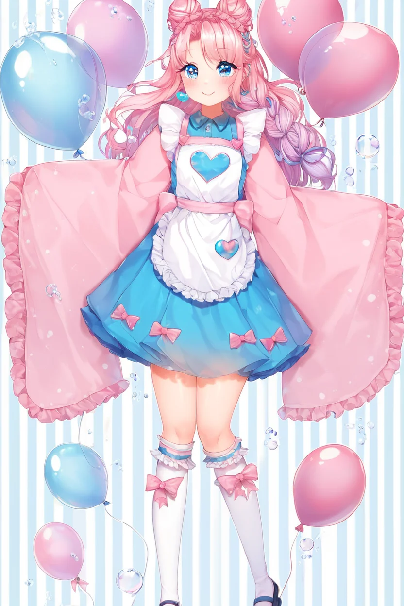 score_9, score_8_up, score_8, (curvy), cute, eyelashes, BREAK ,,, 1girl, apron, balloon, blue blow, blue dress, blue eyes, bow, braid, bubble, double bun, dress, full body, hair bun, heart, kneehighs, long hair, long sleeves, looking at viewer, original, pink hair, pink ribbon, ribbon, sleeves past fingers, sleeves past wrists, smile, socks, solo, striped, striped background, twitter logo, white apron, white socks, wide sleeves, ,,, <lora:Puppypaww_Style_PDXL_v2:0.8>, , BREAK, smile, looking at viewer, embedding:zPDXL, Expressiveh, <lora:SDXLFaeTastic2400:0.5>, <lora:Expressive_H-000001:0.4>,