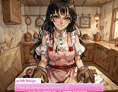 score_9, score_8_up, score_7_up, source_anime, anime screencap, baking valentines cookies, looking at viewer, blush, smile, gloves, holding, frills, food, indoors, apron, chocolate, cookie, oven mitts,
pastel kitchen decor, warm lighting, fresh-out-of-the-oven aroma, festive decorations, soft oven mitts, red ribbon-tied gift boxes, steaming cup of cocoa, rustic wooden table, baking tools scattered neatly,
candy hearts, powdered sugar dusting, heart-shaped sprinkles, handwritten recipe card, pink frosting bowl, silver piping tool, chocolate ganache bowl, mini cupcake stand, parchment-lined tray,
festive baking mood, soft focus candlelight, cookies arranged in heart patterns, soft flour trails on table, delicate lace doilies under plates, neatly arranged napkins, pastel-colored measuring cups, as109 Shoujo, Long black hair, Dark eyes, Pale skin, Lace details, Doll-like appearance, Delicate features, Formal dress style, shoujo01,green eyes,long hair,black hair,