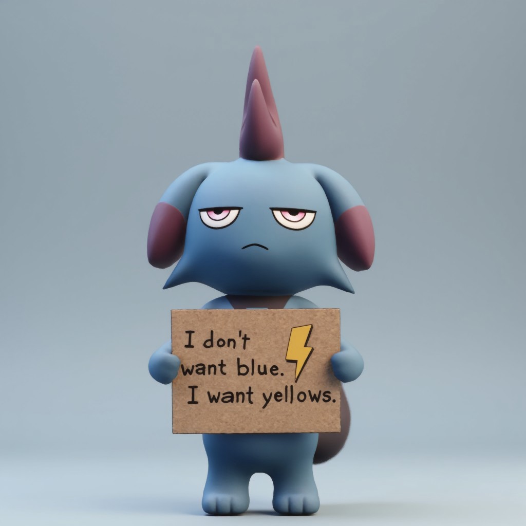 plain background, gray background, Depresso is standing, facing the viewer with an angry expression. Depresso is holding a sign made of cardboard with a bolt symbol and text saying "I don’t want blue. I want yellow."