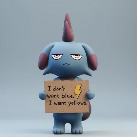 plain background, gray background, Depresso is standing, facing the viewer with an angry expression. Depresso is holding a sign made of cardboard with a bolt symbol and text saying "I don’t want blue. I want yellow."